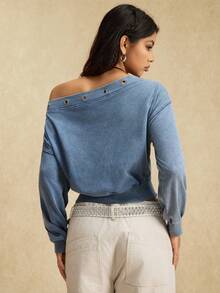 Easelle Women's Blue Oblique Shoulder Eyelet Design Long Sleeve Cropped Casual Sweatshirt - Dusty Blue - View 2