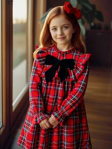 SHEIN Tween Girls' Cute Back-To-School Red And White Plaid Dress,Autumn Elegant Long Sleeve Ruffle Trim Patchwork Bow Decor Loose Christmas Party Dress - Red - View 1