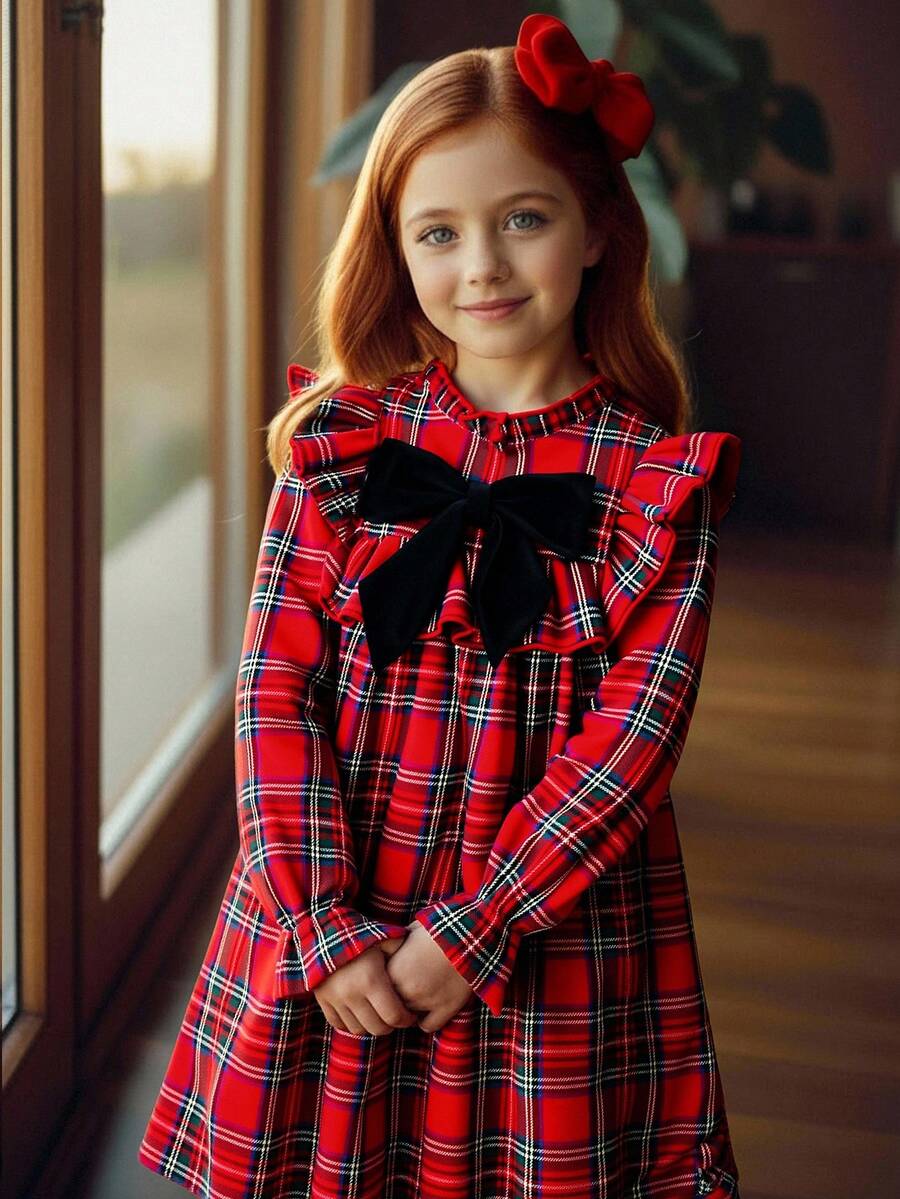 SHEIN Tween Girls' Cute Back-To-School Red And White Plaid Dress,Autumn Elegant Long Sleeve Ruffle Trim Patchwork Bow Decor Loose Christmas Party Dress - Red - View 1