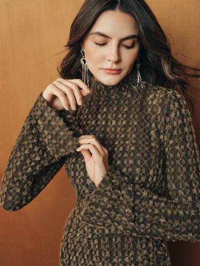 Anewsta Elegant Floral Velvet Lace Stand Collar Wrinkled Long Sleeve Bodycon Maxi Dress, Suitable For New Year, Party, Elegant, Chic, Stylish, Casual, Work, Going Out, Thanksgiving, Graduation