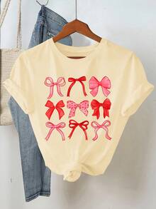 EMERY ROSE 两件套女士夏季休闲蝴蝶结印花圆领短袖T恤和条纹短裤套装 - 紅色 - 查看 5