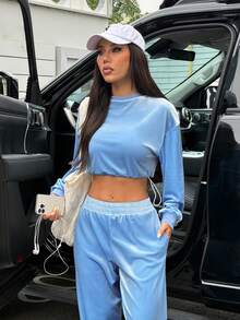 SHEIN Sports 女士纯色短款上衣和裤子运动套装 - 藍色 - 查看 1