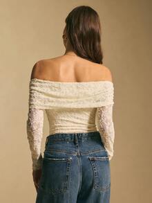 Poéselle Women's Floral Flocked Mesh Ruffle Off Shoulder Long Sleeve Bodysuit - White - View 2