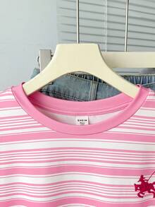 SHEIN Teenager Mädchen gestreiftes Kontrast-Farben Rundhals Kurzarm Lässig T-Shirt - Pink - Übersicht 4