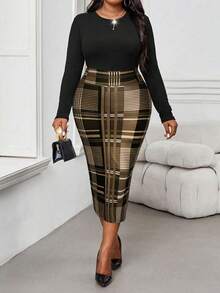 SHEIN Lady 秋冬季优雅职场彩色格子针织开衩中长半身裙，适合秋冬季圣诞节穿着，女士铅笔裙，女士格子裙，新年正式场合穿着，时尚系列半身裙 - 咖啡棕 - 查看 4