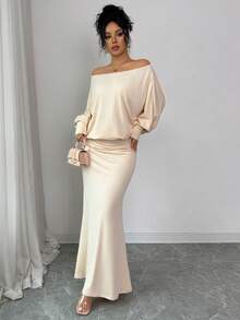 Elenzga Đầm Maxi Dài Tay Hở Vai Dáng Rộng, Eo Thon, Viền Đuôi Cá, Màu Trơn, Thanh Lịch, Thời Trang, Thoải Mái, Quyến Rũ, Phong Cách Retro Tối Giản Cao Cấp Lãng Mạn Cho Nữ - Màu be - Xem 5