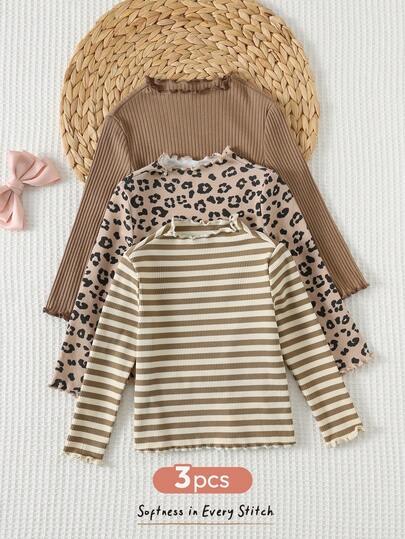 Cozy Pixies 3pcs Baby Girl Leopard & Stripe Pattern Soft Knit Pullover Leopard Tops Set, Ruffle Sleeved Tops Girl Stylish Tops Baby Girl Flounce Sleeve Animal Print