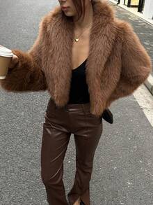 SHEIN Unity 1件女士奢华优雅仿毛皮内衬外套，酒红色 - 棕色 - 查看 3