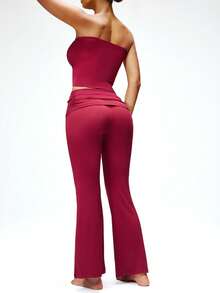 SHAPORA Women's Solid Color Bandeau Top And Waist Ruffle Flare Pants Pajama Set - Red Violet - View 3