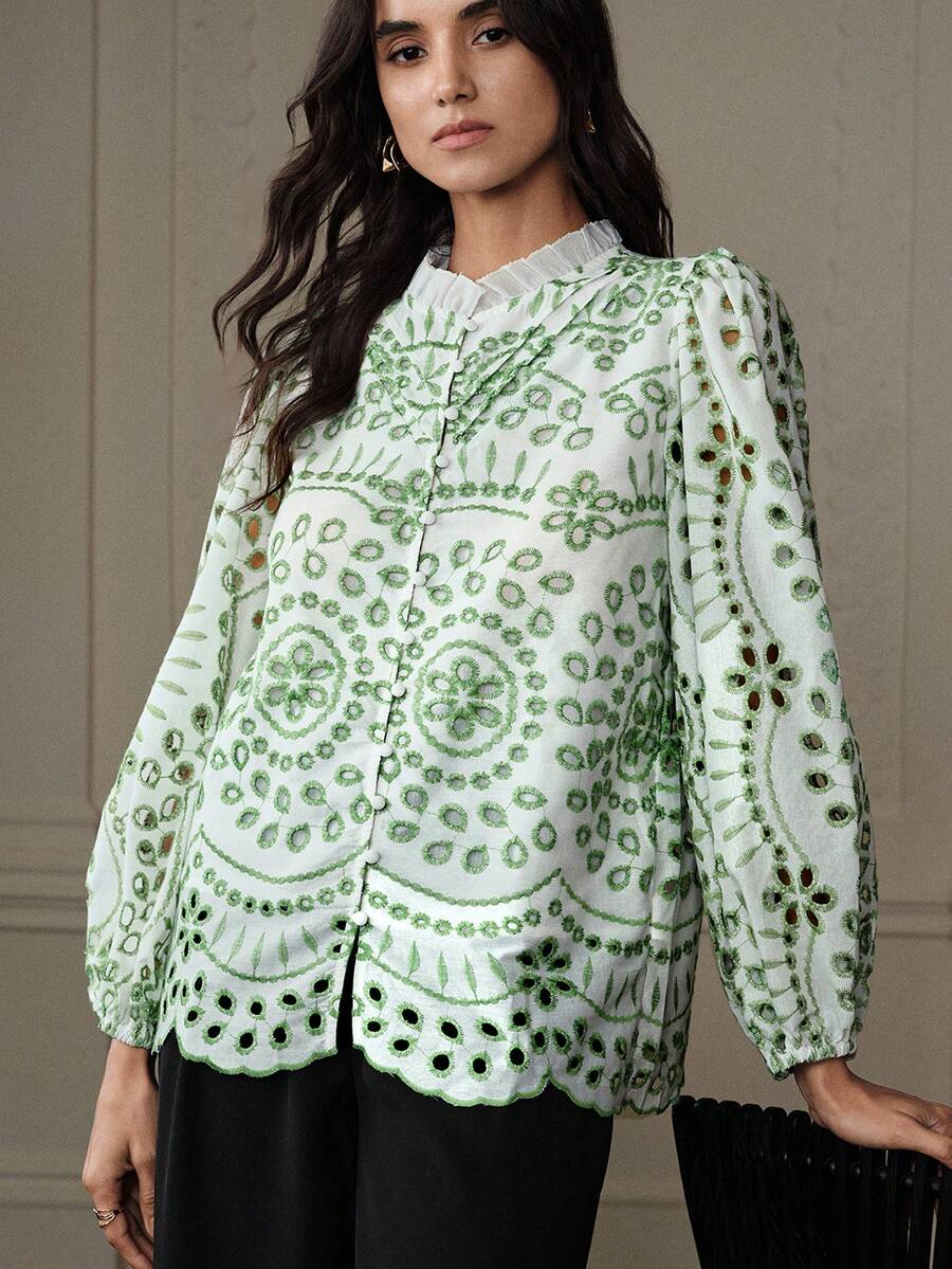 BELROSIE New Autumn French Style Casual Blouse With Intricate Embroidery, Hollow-Out Design, And Pleated Ruffle Detail, Long Sleeve - Green - View 1