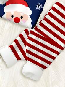 SHEIN Baby Boy Christmas Sleepwear Set,Cute Santa Reindeer Patterns Long Sleeve Top And Pants,Snug Fit Red And White Stripe Autumn Night Pajamas For Kids - Multicolor - View 6