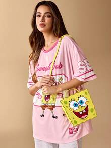 SpongeBob SquarePants | SHEIN 1个PU皮革可爱卡通人物印花手提包，配有可拆卸肩带，可手提或斜挎，可装钱包、纸巾、手机等，适合女性和学生，俏皮可爱，是送礼佳品，黄色 - 黃色 - 查看 3