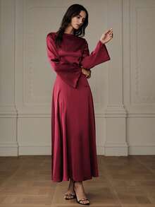 Revavyn Vestido de manga larga de unicolor, elegante y a la moda, que estiliza y es adecuado para el uso diario - Burdeos - Ver 4