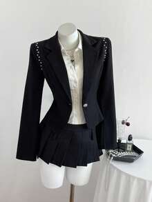 Elamini 女士黑色翻领西装外套，百搭专业风，时尚百搭，适合街头、办公、Y2K风格、约会、商务、休闲、通勤、秋冬季等各种场合。 - 黑色 - 查看 4