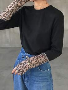 FRIFUL Women's Patchwork Leopard Print Crew Neck Long Sleeve Casual Loose Versatile T-Shirt, Autumn/Winter - Black - View 5
