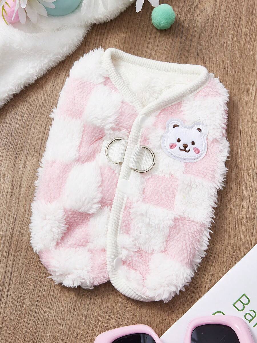 PETSIN 1pc Pink Plush Pet Padded Vest, Warm And Cozy Checkered Pattern, For Autumn/Winter - Pink - View 1