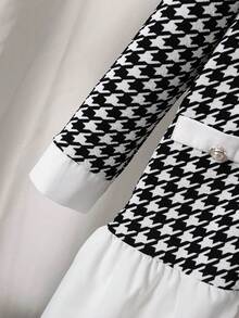 1pc Young Girl's Gentle Minimalist Black & White Houndstooth Patchwork Faux Pearl Button Splice White Hem Long Sleeve Dress, Spring/Autumn - Multicolor - View 3