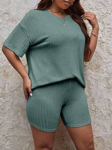 EURMUSE Plus Size Casual Solid Color Short Sleeve Top And Shorts 2 Pieces Set - Mint Green - View 3