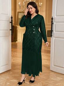 Modelyn Vestido elegante de manga larga con volantes, encaje floral y parches para mujer de talla grande - Verde Oscuro - Ver 3