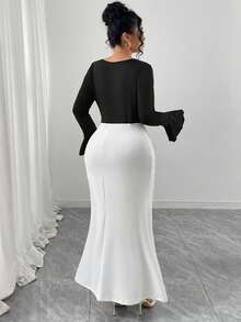 Modelyn Plus Size Women's Vintage Elegant Color Block Ruched Puff Sleeve Turtleneck Bodycon Dress