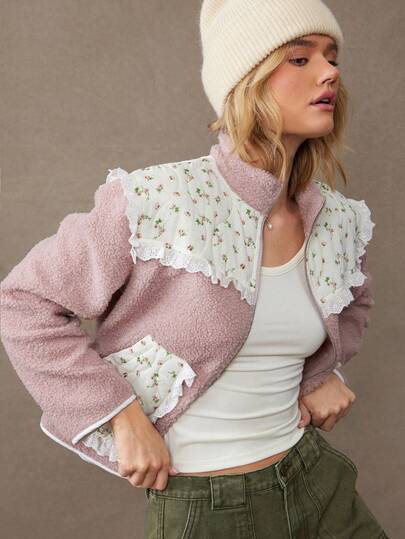 WESTFADE ハイネック ジップアップ 長袖 小花柄 中綿ジャケット & アイレット フリル リラックスフィット テディ シェルパ ジャケット カジュアル キュート、ボヘミアン、秋、冬、クリスマス、ホリデー、年末年始、ウエスタンウェア