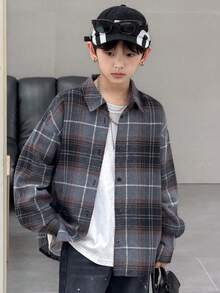 Dazy Kids 男童宽松休闲格子衬衫，秋冬季 - 灰色 - 查看 2