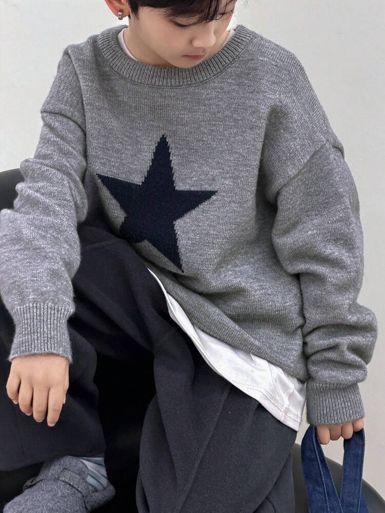 Oversized Boys Casual Patterned Knit Sweater, Autumn