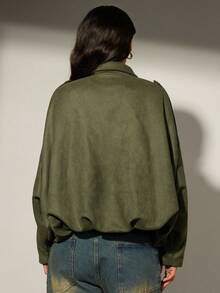 Aveloria Modichic Áo khoác biker nữ dáng rộng, thường ngày, ve áo bằng da lộn, viền xếp nếp - xanh quân đội - Xem 2