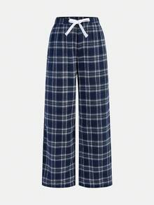 SHEIN Girlism Tween Girls Casual Simple Plaid Drawstring Loose Pants, Suitable For Casual Daily Wear, Back To School - Navy Blue - View 5