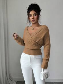 SHEIN Elenzya 女士优雅交叉V领露背毛衣，秋冬款 - 薑色 - 查看 4