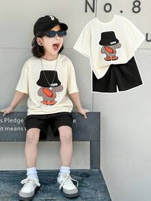 SHEIN 2pcs/Set Young Boy Kids Comfortable Daily Versatile Casual Cute Loose Fit Japanese And Korean Style Animal Bear Pattern Embroidered Round Neck Short Sleeved T-Shirt Knitted Top And Yellow Waffle Shorts Set, Suitable For Spring And Summer Seasons, Daily Life, Sports, Campus, Gatherings, Festivals, Performances, Photography, Back To School Season - Black - View 3