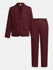 SHEIN 两件套青少年男童夏季休闲学院风绅士套装，纯色西装外套搭配松紧腰正装裤，适合生日派对、晚宴、演出、婚礼等场合，也适合秋冬季女孩穿着。