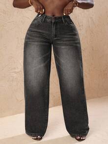 Slaydiva 大码女式宽松休闲牛仔心形口袋阔腿裤 - 淺灰色 - 查看 5