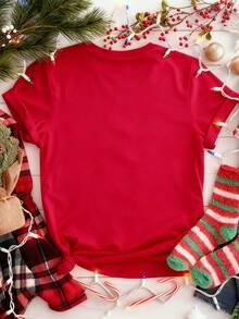 SHEIN EZwear 休闲简约假日派对庆祝新年特别版，新年除夕派对，新年“2026新年快乐”仿箔印花宽松圆领短袖女式T恤，适合夏季新年派对和圣诞节穿着。 - 紅色 - 查看 2