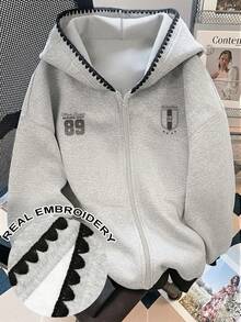 Manfinity Dauomo Men's Casual Everyday Commute Sports Style Numeric & Letter Print Embroidered Zip-Up Thermal Lined Hoodie Sweatshirt, Autumn/Winter - Grey - View 1