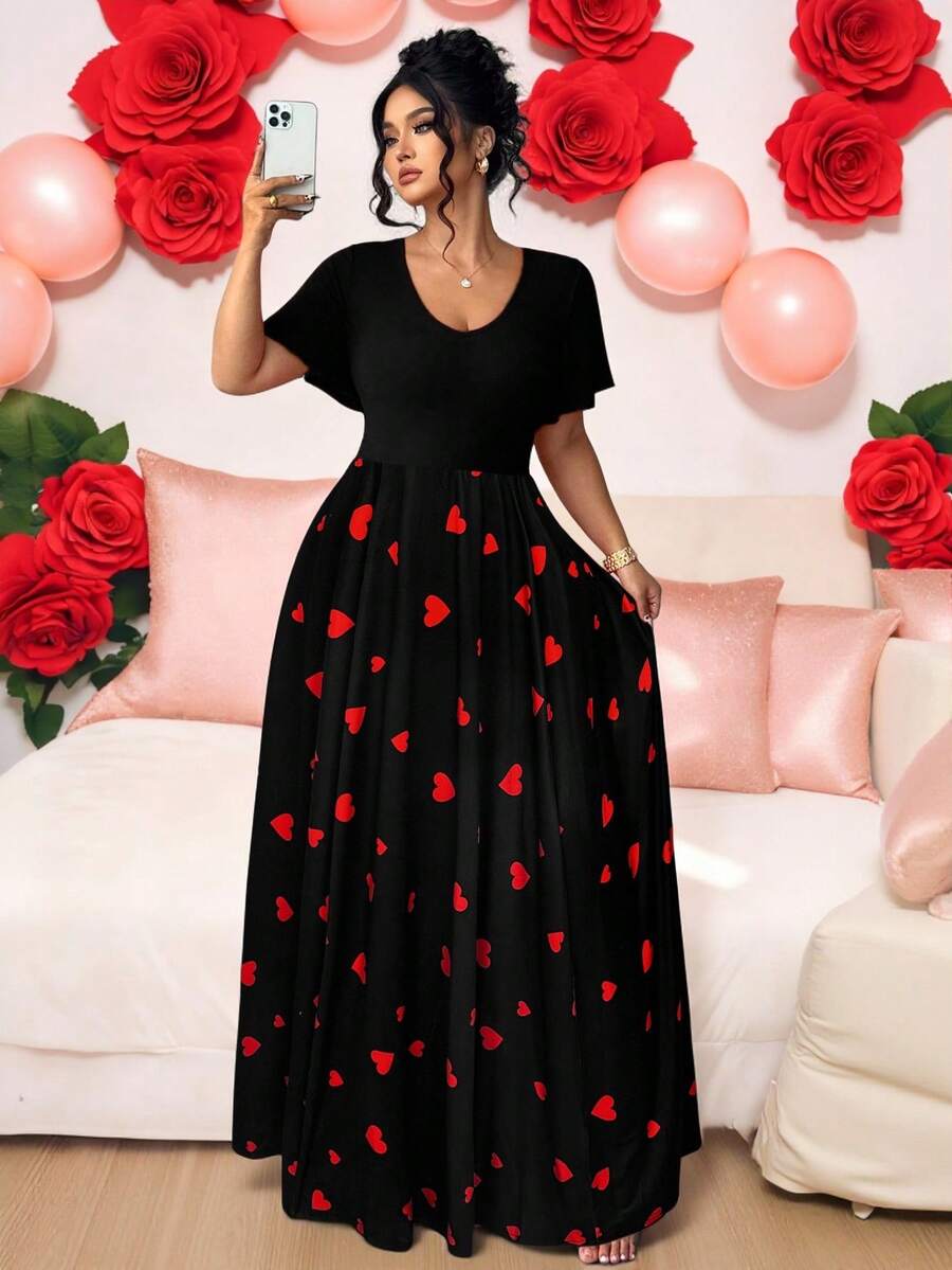 Elenzga Plus Size Elegant Minimalist Holiday Party Ruffle Sleeve Fitted Knit Dress - Black - View 1