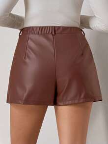 Chikora Plus Size Solid Color Pleated Waist Belt Loop Straight Loose Casual Shorts - Camel - View 2