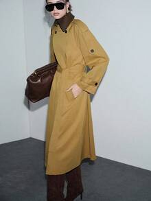 Lumivelle Manteau/veste longue/trench-coat élégant à double boutonnage avec patchwork col châle pour femmes - Multicolore - Voir 7