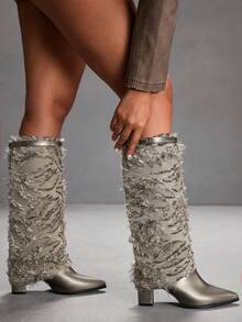 CUCCOO SZL Bottes hautes à bout pointu et talon épais pour femmes, automne/hiver - Gris pâle - Voir 4