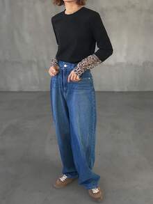 FRIFUL Women's Patchwork Leopard Print Crew Neck Long Sleeve Casual Loose Versatile T-Shirt, Autumn/Winter - Black - View 2