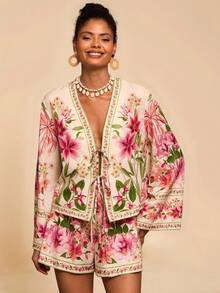 Travachic Bộ 2 áo sơ mi dài tay rộng rãi in họa tiết hoa đi nghỉ mát và quần short cạp cao rộng rãi cho nữ - Nhiều màu - Xem 6