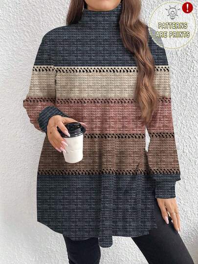 EMERY ROSE Áo thun dài cổ lọ họa tiết sọc khối màu cỡ lớn dành cho nữ, phong cách tối giản, thu/đông