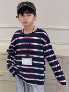 Dazy Kids Camiseta de manga larga con cuello redondo a rayas informal y oversize para niño preadolescente, otoño y primavera - Azul Marino - Ver 3