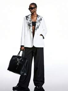 LYSMO 2025新款极简主义冬季女士蕾丝拼接撞色双排扣长袖西装外套，休闲女士西装外套，新年、派对、优雅女士，白色，适合新年夜女士西装外套，白色蕾丝细节西装外套，印花翻领西装外套，黑白西装外套 - 黑與白 - 查看 6