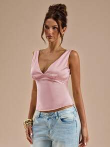 SHEIN BAE Elegant Dusty Pink Satin & Lace Patchwork Tank Top For Summmer, Women's Party Beach Vacation Music Festival Brunch Wedding Guest Bridesmaid Valentine - Dusty Pink - View 4