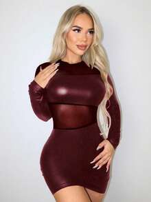 Zolique Cool Patchwork Long Sleeve Women's Dress PU Leather Women Outfit - Red - View 5