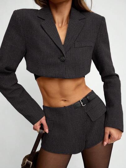 Avenya Blazer corto de mujer de moda sexy con un solo botón a cuadros