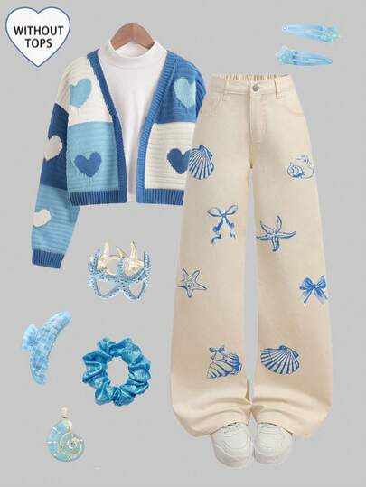 Girlism Teen Girls Y2K Causal Washed Shell Pearl Bow Sea Star Print Baggy Denim Straight Leg Jeans,Halloween Outfits,Fall Clothes,Fall Outfits,Girls Fall Winter Back To School Homecoming Jeans,Girls Cute Sweet Pants Streetwear Vintage Outfits,Comfortable And Versatile, For 13-16 Years Old Girls, Suitable For School, Home And Travel