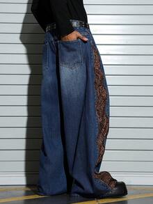 PAVTROS 新款老虎刺绣设计老虎印花拼接侧拉链宽松蓝色牛仔裤 - 彩色 - 查看 3