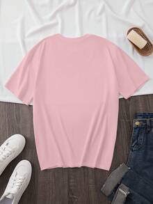 EMERY ROSE Kaos Wanita Lengan Pendek Kasual Motif Hati & Bunga Kerah Bulat, Serbaguna untuk Musim Panas - Baby Pink - View 2